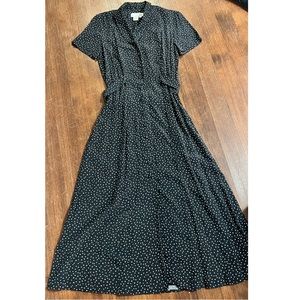 1990s Black and White Polka Dot Long Dress with Built in Belt